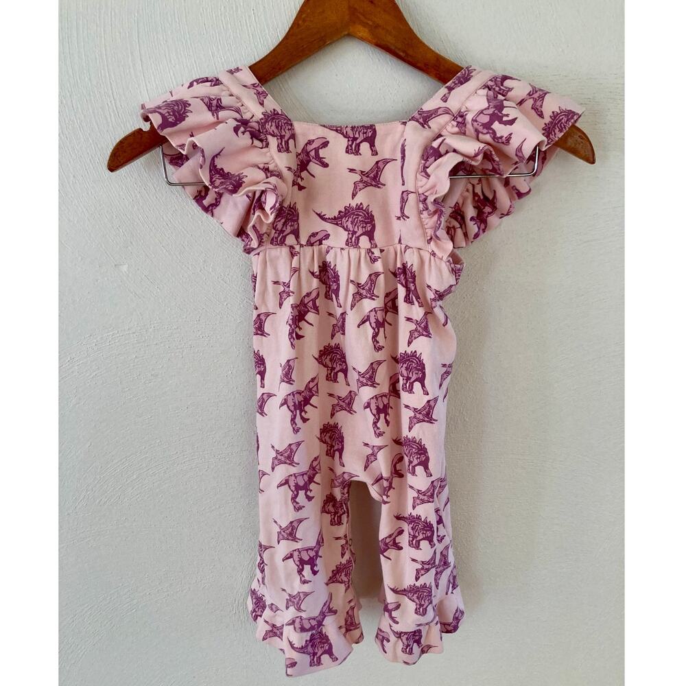 Kate Quinn Mauve Pink Girl Dinosaur Ruffle Jumpsuit 12-18 Mths Organic Cotton